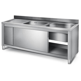 Commercial Sink with Cupboard Stainless steel 2 bowls Right Splashback Width 1400mm Depth 600mm - CEVSC146RBT