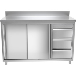Commercial Worktop Floor Cupboard 3 drawers Right 2 sliding doors Stainless steel Width 1600mm Depth 600mm  Upstand - CETHASR166R3A