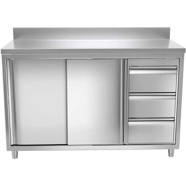 Commercial Worktop Floor Cupboard 3 drawers Right 2 sliding doors Stainless steel Width 1600mm Depth 600mm  Upstand - CETHASR166R3A