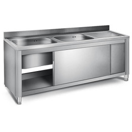 Commercial Sink with Cupboard Stainless steel 2 bowls Left Splashback Width 1400mm Depth 600mm - CEVSC146LBT