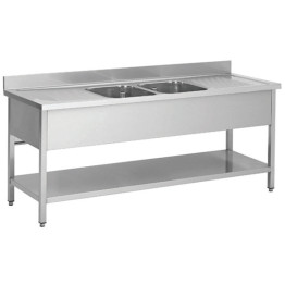 Commercial Sink Stainless steel 2 bowls Bottom shelf Splashback 2000mm Depth 700mm - CEVS207BT