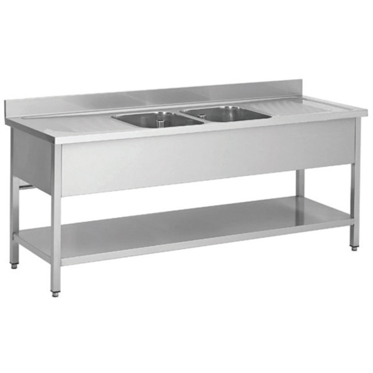 Commercial Sink Stainless steel 2 bowls Bottom shelf Splashback 2000mm Depth 600mm - CEVS206BT