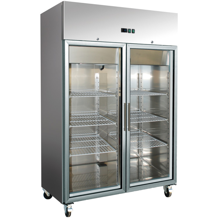 1400lt Commercial Refrigerator Stainless steel Upright cabinet Twin glass door GN2/1 Ventilated cooling - CER1400VGLASS