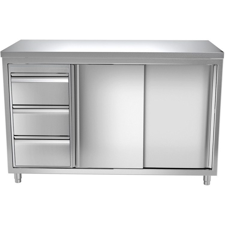 Commercial Worktop Floor Cupboard 3 drawers Left 2 sliding doors Stainless steel Width 1600mm Depth 600mm - CETHASR166L3