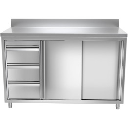 Commercial Worktop Floor Cupboard 3 drawers Left 2 sliding doors Stainless steel Width 1600mm Depth 700mm Upstand - CETHASR167L3A