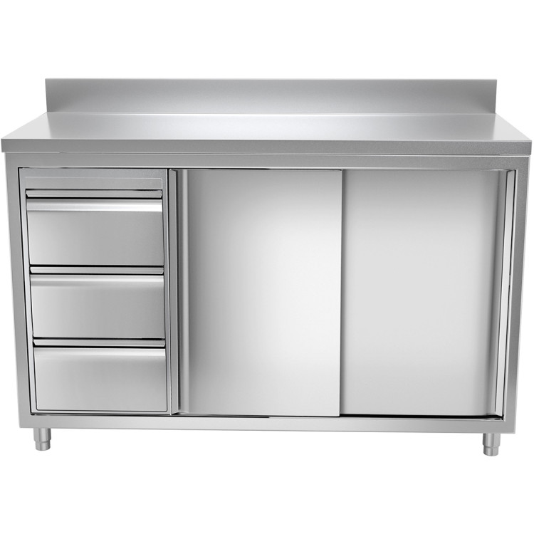 Commercial Worktop Floor Cupboard 3 drawers Left 2 sliding doors Stainless steel Width 1600mm Depth 600mm Upstand - CETHASR166L3A