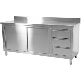 Commercial Worktop Floor Cupboard 3 drawers Right 2 sliding doors Stainless steel 1600x700x850mm Upstand - CEVTC167R3B