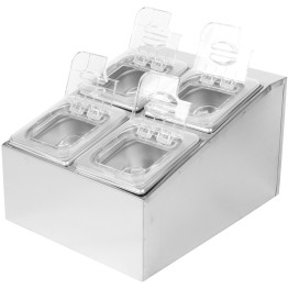 Commercial Condiment Holder including 4xGN1/6-100mm pans & fliptop lids - CECHD04BPCFL