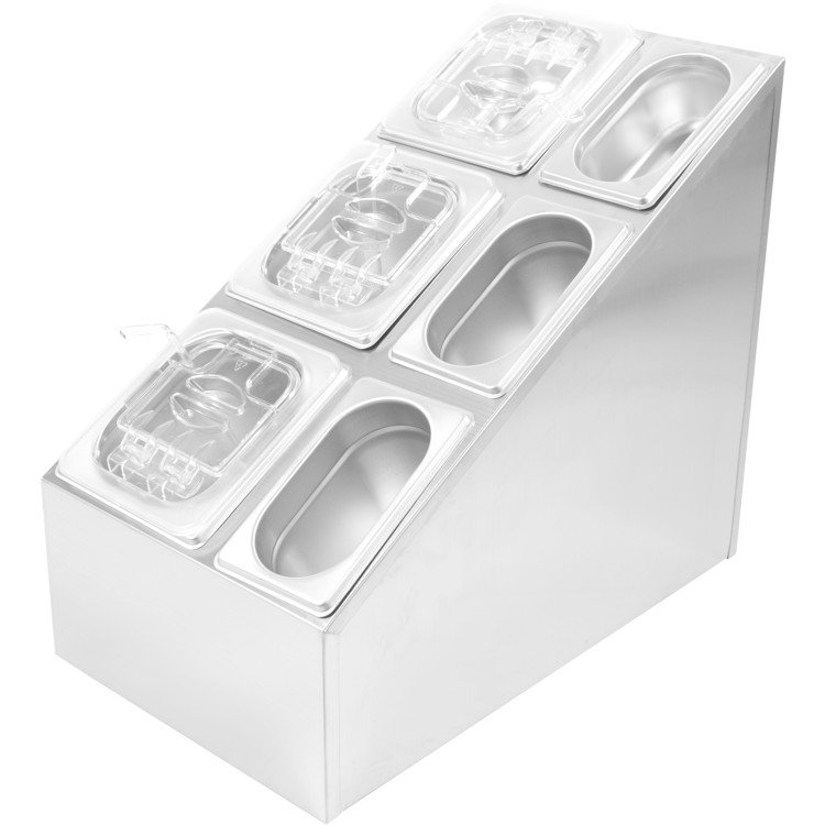 Commercial Condiment Pan Holder including 3xGN1/6 + 3xGN1/9 pans with recess lids & ladles - CECHM01