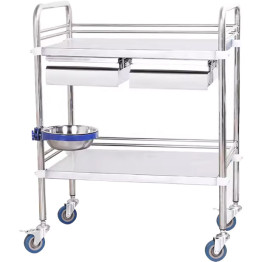 Professional 2 Tier Medical Trolley 2 Drawers Stainless Steel 600x400x860mm - CEWHSS2T6040D2