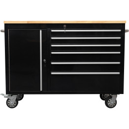   Heavy Duty Steel Rolling Tool Chest with Wooden Worktop 6 Drawers 1 Side Cabinet 1370x488x913mm Black | CaterEq CE482038ABLACK