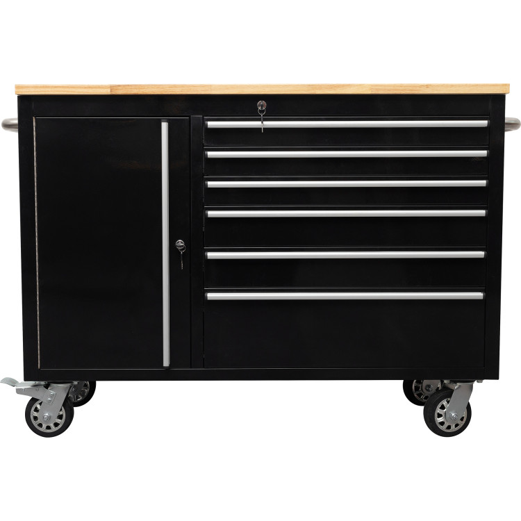   Heavy Duty Steel Rolling Tool Chest with Wooden Worktop 6 Drawers 1 Side Cabinet 1370x488x913mm Black | CaterEq CE482038ABLACK