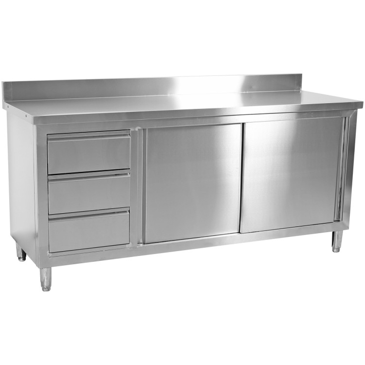 Commercial Worktop Floor Cupboard 3 drawers Left 2 sliding doors Stainless steel 1600x700x850mm Upstand - CEVTC167L3B
