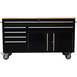 Heavy Duty Steel Rolling Tool Chest with Wooden Worktop 6 Drawers 1 Double-Door Side Cabinet 1674x489x907mm Black | CaterEq CE602038ABLACK