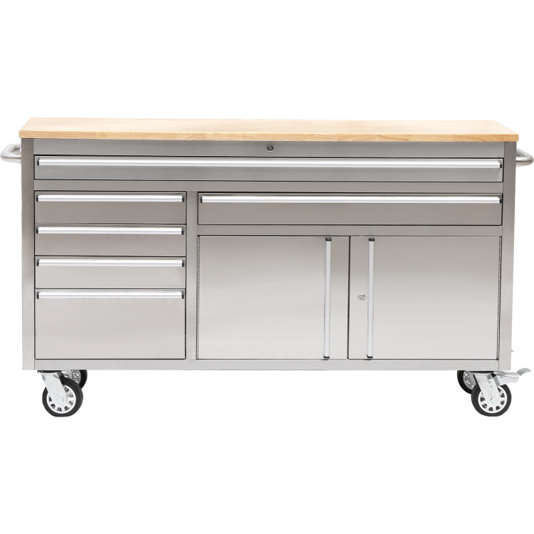 Heavy Duty Steel Rolling Tool Chest with Wooden Worktop 6 Drawers 1 Double-Door Side Cabinet 1674x489x907mm Stainless Steel | CaterEq CE602038ASILVER