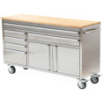 Heavy Duty Steel Rolling Tool Chest with Wooden Worktop 6 Drawers 1 Double-Door Side Cabinet 1674x489x907mm Stainless Steel | CaterEq CE602038ASILVER