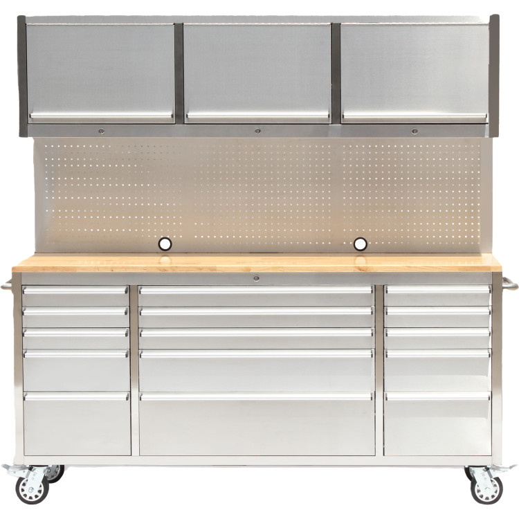 Heavy Duty Steel Rolling Tool Chest with Wooden Worktop 15 Drawers 3 Overhead Cabinets 1978x510x1828mm Stainless Steel | CaterEq CE722038APSILVER Heavy Duty Steel Rolling Tool Chest with Wooden Worktop 15 Drawers 3 Overhead Cabinets 1978x510x1828mm Stainless Steel | CaterEq CE722038APSILVER