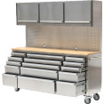Heavy Duty Steel Rolling Tool Chest with Wooden Worktop 15 Drawers 3 Overhead Cabinets 1978x510x1828mm Stainless Steel | CaterEq CE722038APSILVER Heavy Duty Steel Rolling Tool Chest with Wooden Worktop 15 Drawers 3 Overhead Cabinets 1978x510x1828mm Stainless Steel | CaterEq CE722038APSILVER