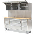 Heavy Duty Steel Rolling Tool Chest with Wooden Worktop 15 Drawers 3 Overhead Cabinets 1978x510x1828mm Stainless Steel | CaterEq CE722038APSILVER Heavy Duty Steel Rolling Tool Chest with Wooden Worktop 15 Drawers 3 Overhead Cabinets 1978x510x1828mm Stainless Steel | CaterEq CE722038APSILVER