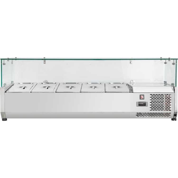 Glass cover Countertop Refrigerated Prep Topping Display for 5×GN1/4 Pans 1200×335×435mm | CaterEq CEBLUEINOX204