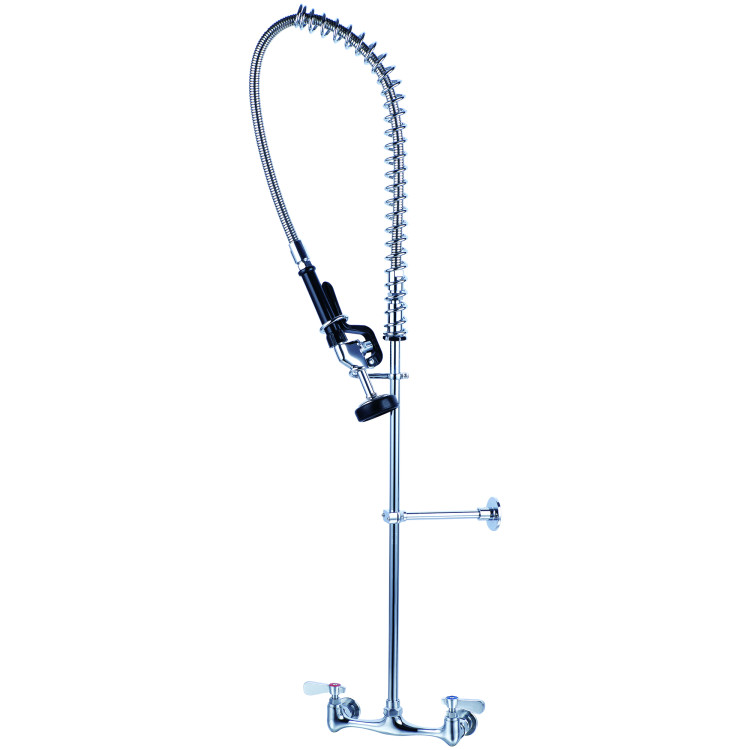 8" Center Wall Mounted Pre-Rinse Unit with 18" Riser & 44" Hose & Spray Valve Chrome | CaterEq CEBXF246