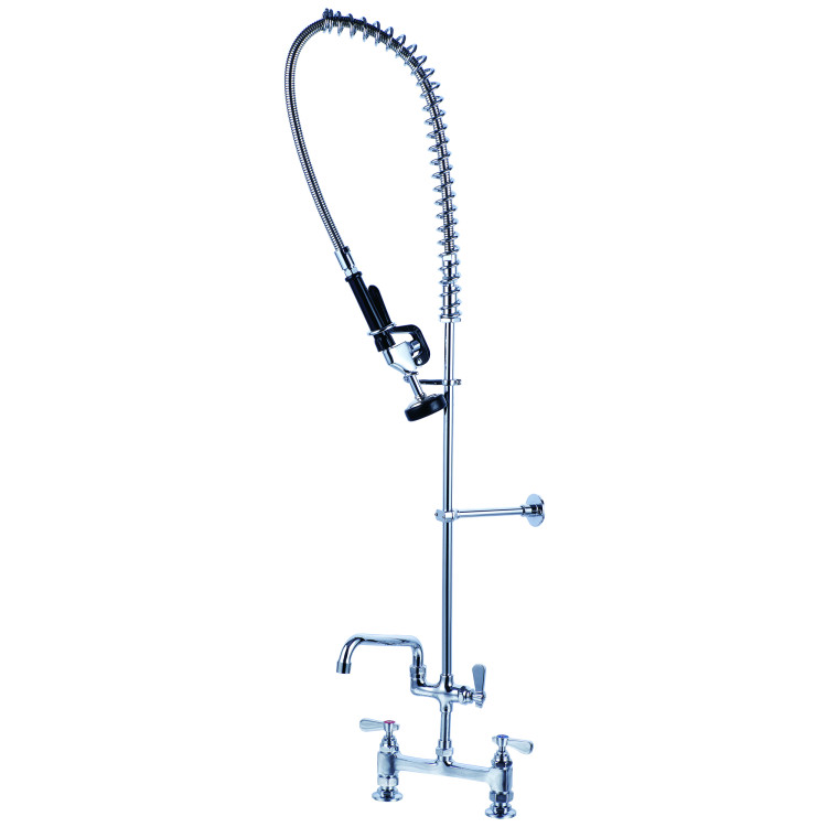 8" Center Deck Mounted Pre-Rinse Unit with 18" Riser & 44" Hose & 12" Add-On Spout Chrome | CaterEq CEBXF252