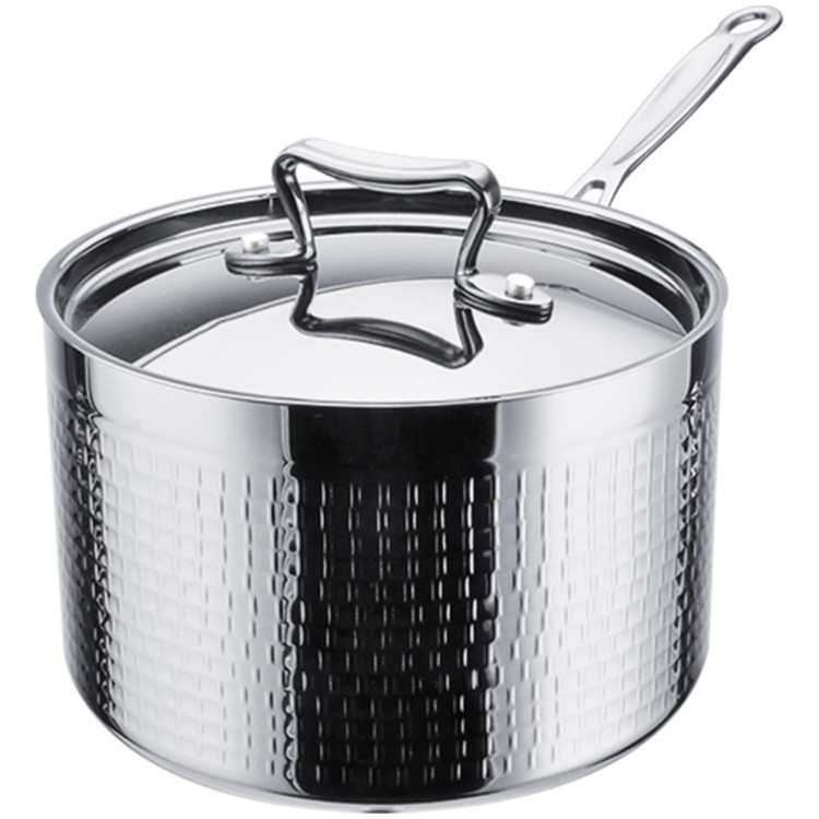 Hammered Triple-Layer Stainless Steel Casserole with Long Handle ø220×135mm 5.1L Silver Finish | CaterEq CEC0310027S
