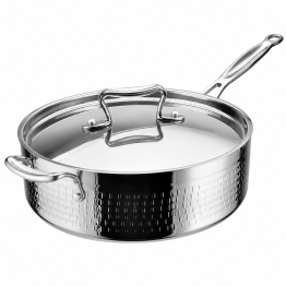 Hammered Triple-Layer Stainless Steel Saucepan with Long Handle & Helper Handle Ø260×85mm 4.5L Silver Finish | CaterEq CEC0311029S