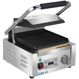 Commercial Single Contact Panini Grill 1800W Ribbed Top & Bottom Plates Digital Timer | CaterEq CECU600