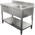 B GRADE Commercial Sink Stainless steel 1400x700x950mm 1 bowl to the right 1 drawer Splashback | CaterEq DSA140701DR B GRADE B GRADE Commercial Sink Stainless steel 1400x700x950mm 1 bowl to the right 1 drawer Splashback | CaterEq DSA140701DR B GRADE