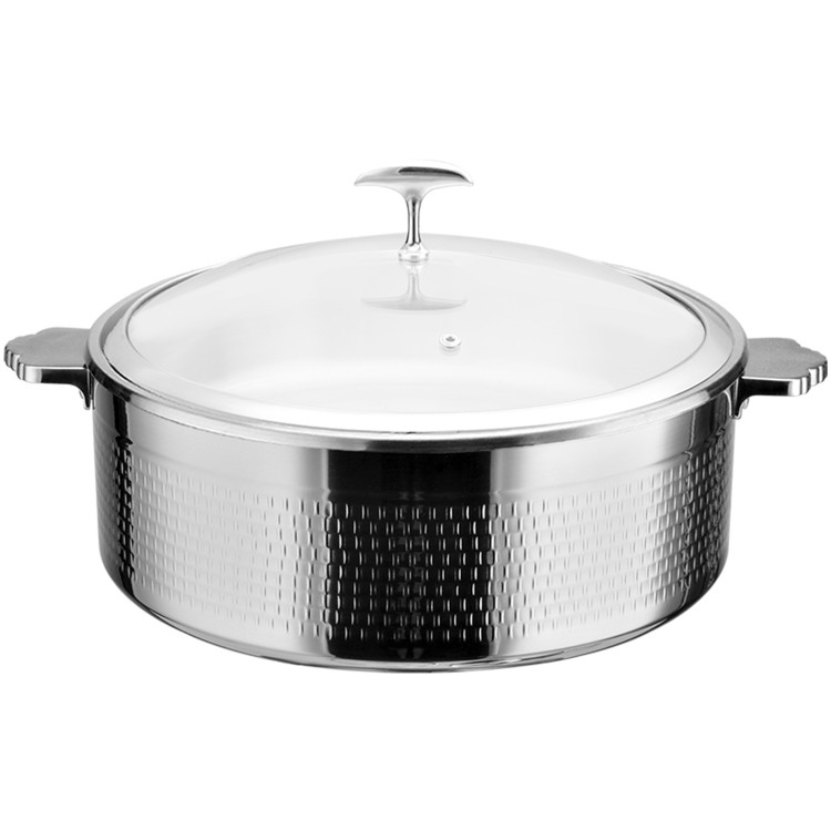 Hammered Tri‑Ply Stainless Steel 9.6L Casserole Φ320×H120mm with Glass Lid & Ceramic Food Pan – Silver Finish| CaterEq CEE0312001M