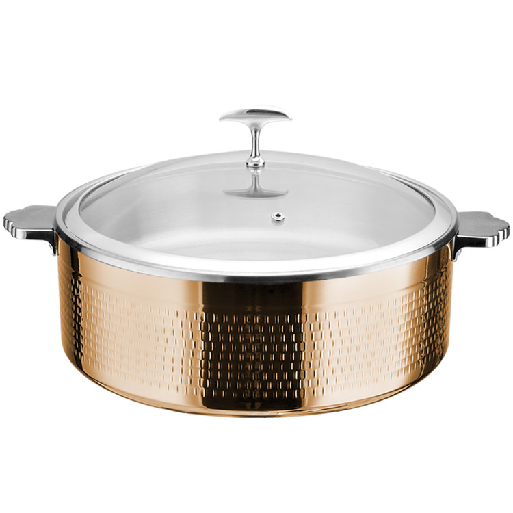 Hammered Triple-Layer Stainless Steel 9.6L Casserole Φ320×H120mm with Glass Lid – Copper Finish | CaterEq CEE0312010