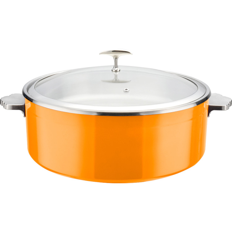 Tri‑Ply Stainless Steel 4.5L Casserole Φ320×H120mm with Glass Lid & Ceramic Food Pan – Orange| CaterEq CEE0912015M