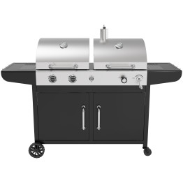 Commercial Gas & Charcoal Combo BBQ Grill with Double Hood, Cabinet & Side Shelves 1625×685×1230mm | CaterEq CEE42ZJ10S42M00T00ZT