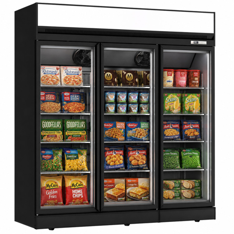 Commercial 3 Door Glass Display Freezer 1090L Net 1563L Gross -18 to -22°C Frost Free | CaterEq CEFF888TOP Commercial 3 Door Glass Display Freezer 1090L Net 1563L Gross -18 to -22°C Frost Free | CaterEq CEFF888TOP