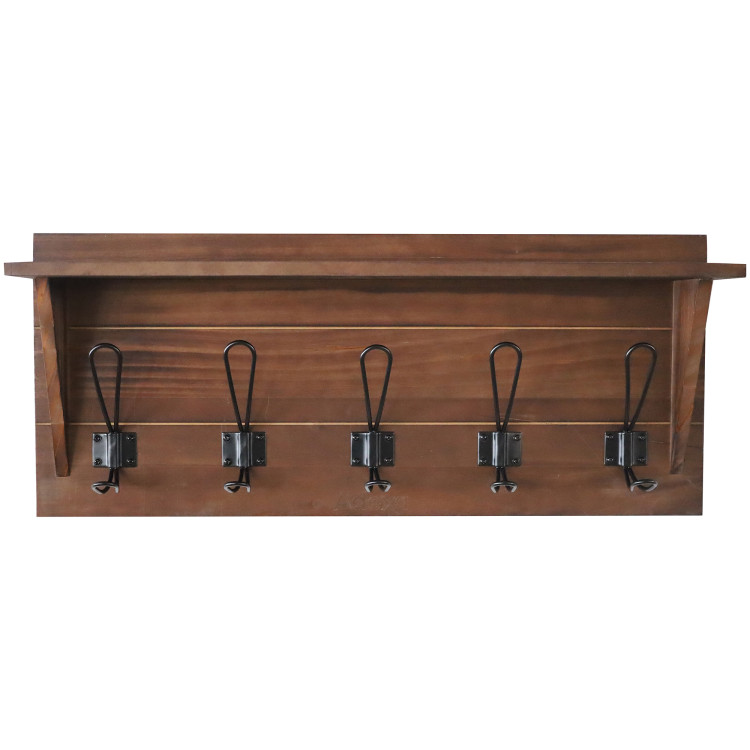 Rustic Wall Mounted 24" (610mm) Coat Rack Shelf with 5 Rustic Hooks Solid Pine Wood Brown | CaterEq CEGWA322