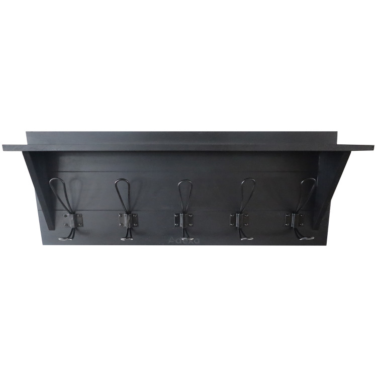 Rustic Wall Mounted 24" (610mm) Coat Rack Shelf with 5 Rustic Hooks Solid Pine Wood Black | CaterEq CEGWA324