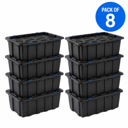 Commercial 60L Plastic Storage Box with Snap Lid Set of 8 PP Black with Blue Clips 625 x 415 x 340mm | CaterEq CEH0060SETOF8