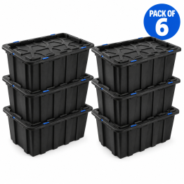 Commercial 100L Plastic Storage Box with Snap Lid Set of 6 PP Black with Blue Clips 750 x 515 x 380mm | CaterEq CEH0100GGSETOF6 Commercial 100L Plastic Storage Box with Snap Lid Set of 6 PP Black with Blue Clips 750 x 515 x 380mm | CaterEq CEH0100GGSETOF6