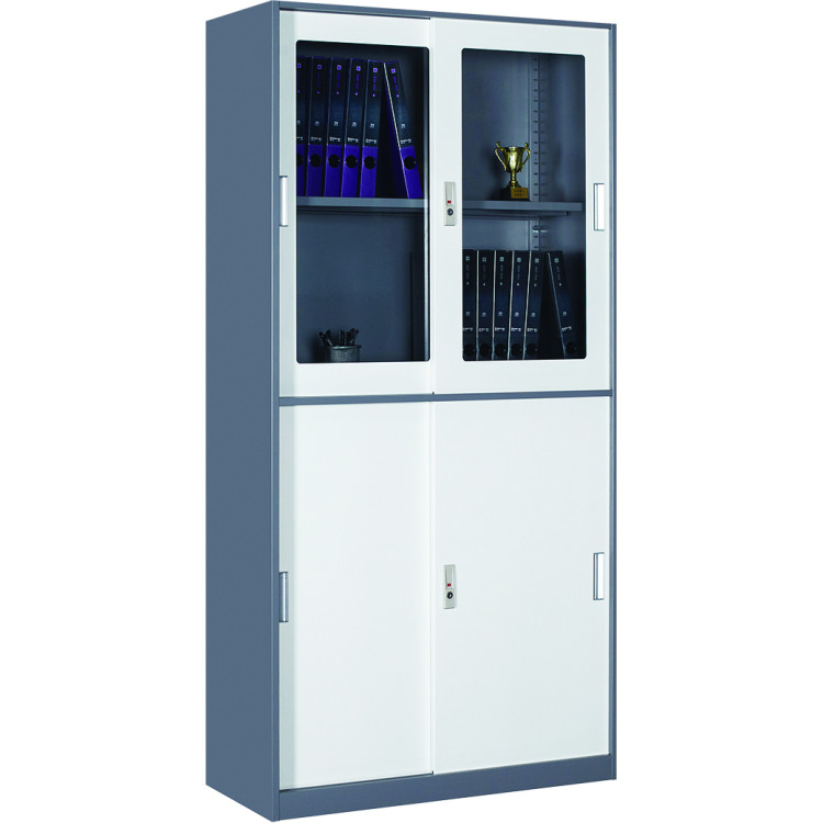 Professional Filing Cabinet with Glass & Metal Sliding Doors 900x390x1800mm Grey-White | CaterEq CEHDYSB04 Professional Filing Cabinet with Glass & Metal Sliding Doors 900x390x1800mm Grey-White | CaterEq CEHDYSB04