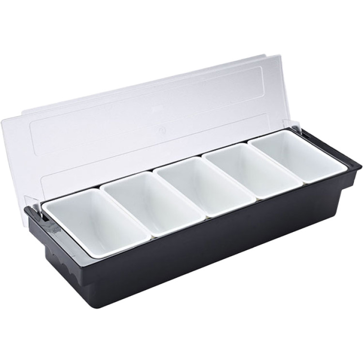 Garnish Tray / Condiment Dispenser with Lid 5 Compartments 500x160x90mm Black & White | CaterEq CEJGM106
