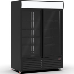 Commercial Bottle Cooler Upright 1400 litres Double Glass Door with LED Canopy in Black - CEKXG1330H