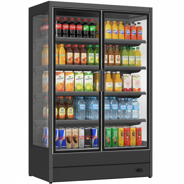 1196L Double Glass Door Multideck Upright Display Fridge – 1330 × 720 × 2030 mm Black| CaterEq CELKL204