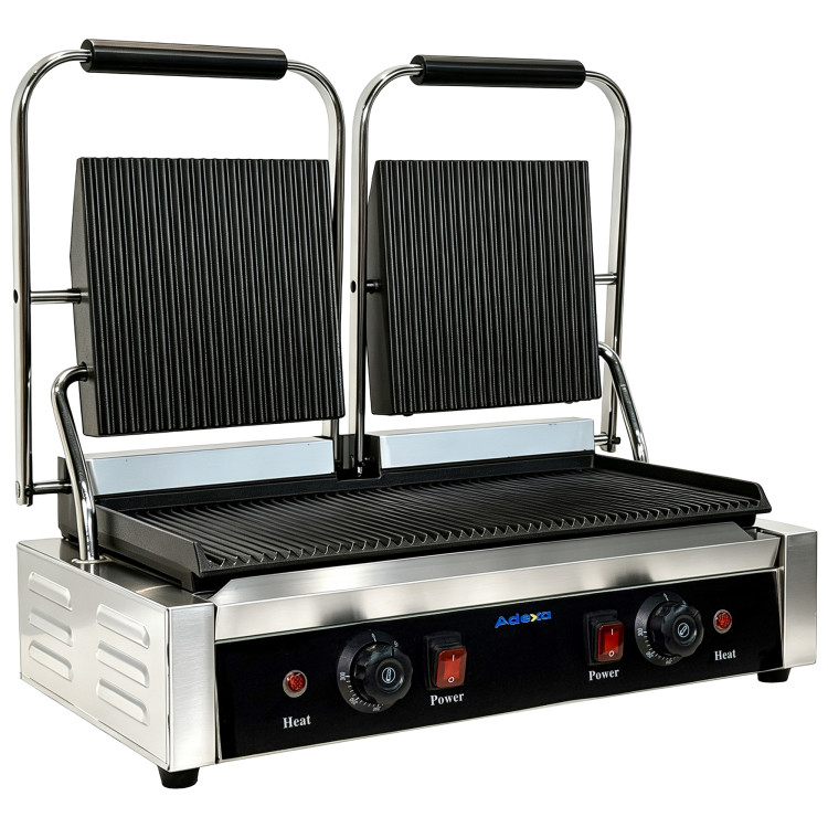 Commercial Double Contact Grill / Panini Press Ribbed Plates 480x230mm 3.6kW | CaterEq CENEXORA110