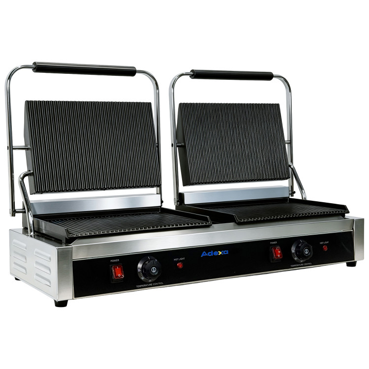 Commercial Double Contact Grill / Panini Press Ribbed Plates 2x 345x235mm 4.4kW | CaterEq CENEXORA112