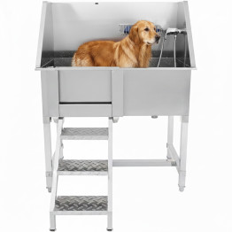 Stainless Steel Pet Grooming Bath Tub 966×622×1220mm with Sliding Door, Stair & 3‑Side Backsplash | CaterEq CEPDBSLD62096