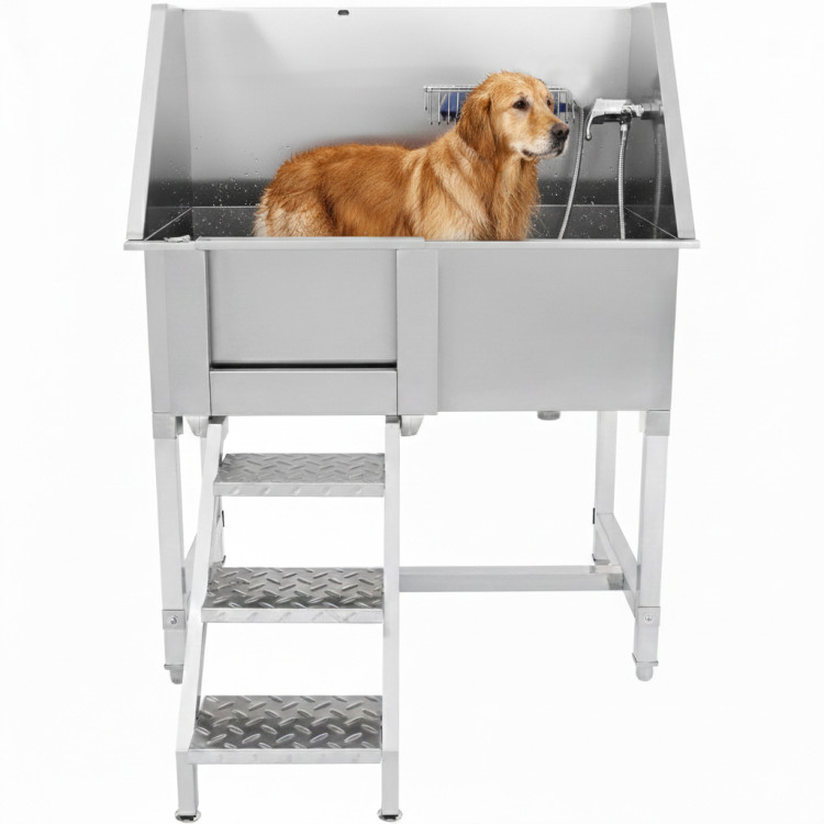 Stainless Steel Pet Grooming Bath Tub 966×622×1220mm with Sliding Door, Stair & 3‑Side Backsplash | CaterEq CEPDBSLD62096 Stainless Steel Pet Grooming Bath Tub 966×622×1220mm with Sliding Door, Stair & 3‑Side Backsplash | CaterEq CEPDBSLD62096