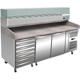 Pizza Prep Counter 2 doors 7 drawers Granite top Refrigerated Counter top display 9xGN1/3 Depth 150mm - PZ46+PT36