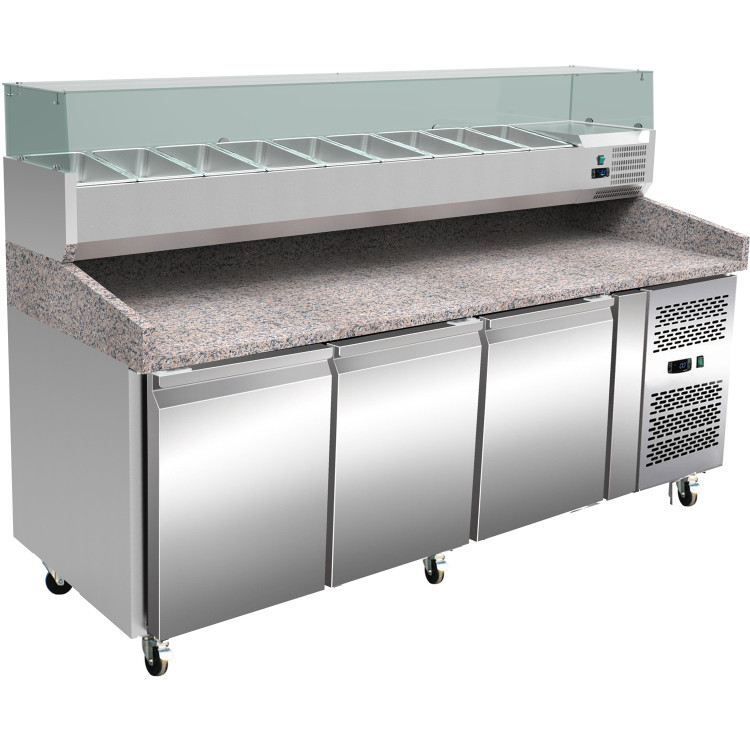Pizza Prep Station/Counter 3 doors Granite top Refrigerated Counter top display 9xGN1/3 Depth 150mm - PZ36+PT36