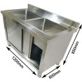 Commercial Stainless Steel Sink with Cupboard &amp; Splashback 2 Bowls 1200x600x850mm | CaterEq CEQNH1004